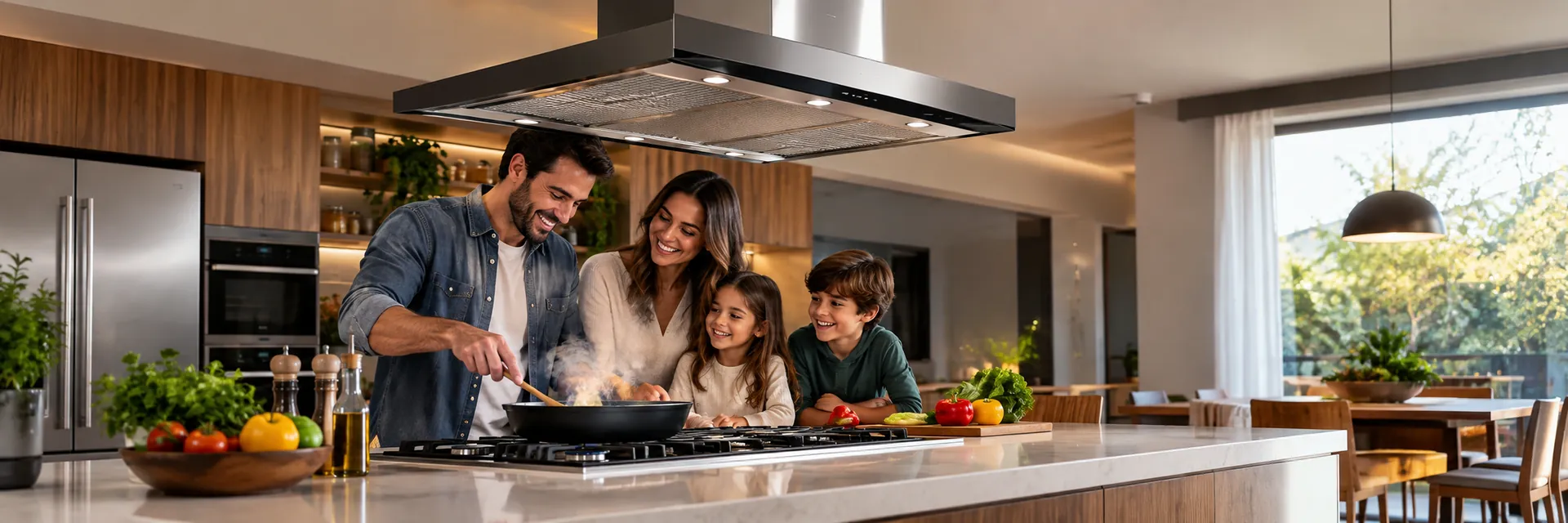 Família cozinhando sob uma coifa de ilha em inox